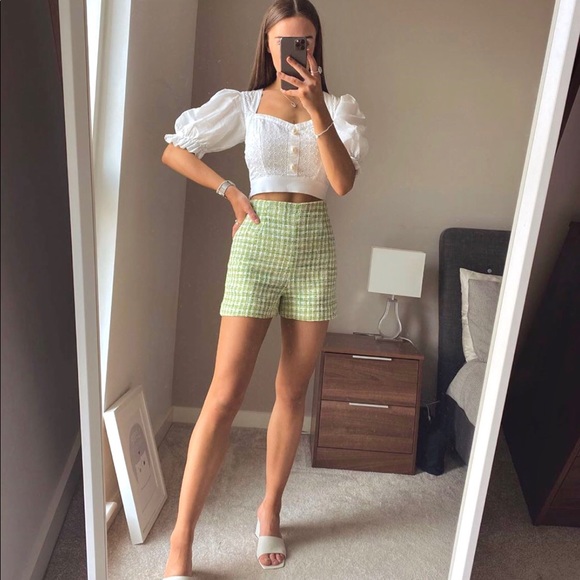 NWT Zara Green & White Tweed High Waisted Shorts - Picture 3 of 16